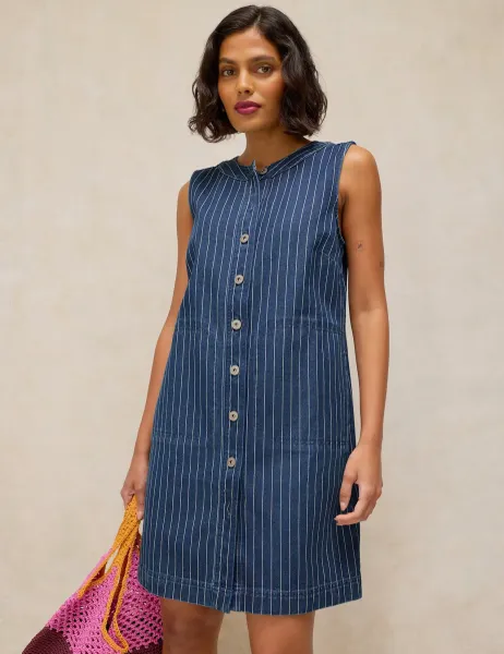 White Stuff Denim Striped Midi Shift Dress Denim