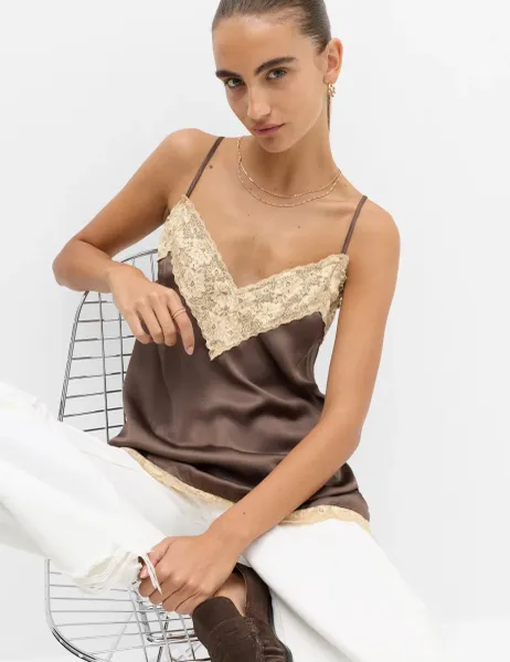 Marks & Spencer Satin Lace Detail Longline Cami Top Brown