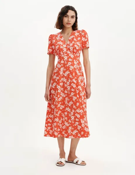 Finery London Floral V-Neck Midi Tea Dress Red Mix