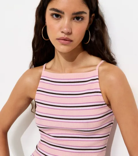Women's Pink Striped Ribbed Jersey Vest