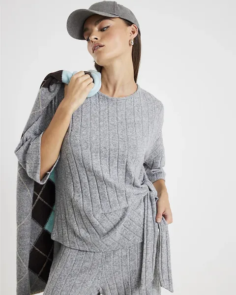 River Island Cosy Wide Ribbed Knot Side Top