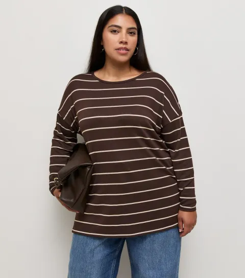 New Look Women's Plus Size Brown Stripe Soft Touch Long Sleeve Top Curves