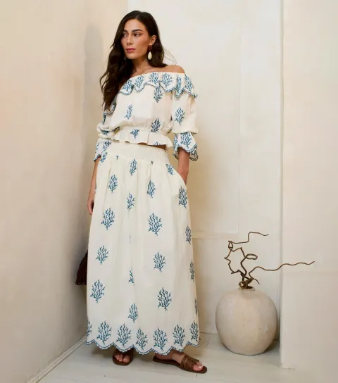 Women's White Cotton Embroidered Maxi Skirt