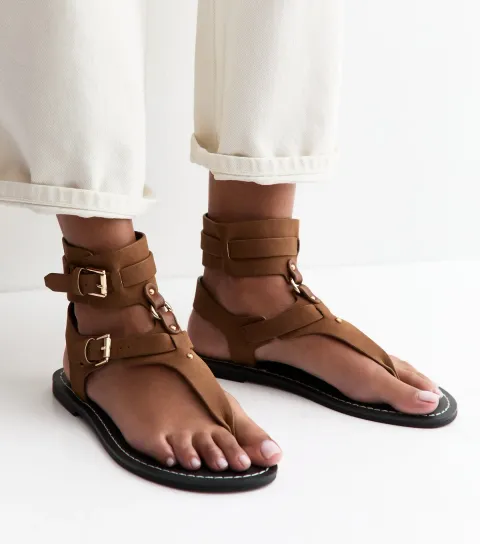 Women's Tan Faux Leather Detachable Cuff Flat Sandals Vegan