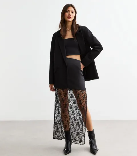 New Look Women's Black Lace Trimmed Satin Midi Skirt