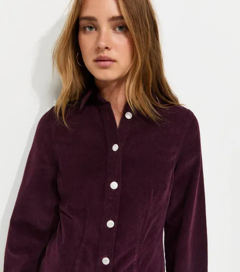 Women's Dark Burgundy Corduroy Long Sleeve Mini Shirt Dress