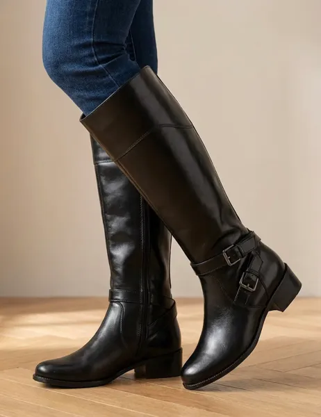 Jones Bootmaker Leather Block Heel Knee High Boots Black