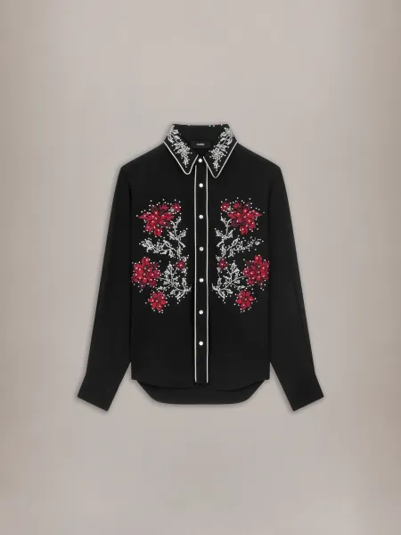 EMBELLISHED FLOWERS LONG SLEEVE SHIRT - Black