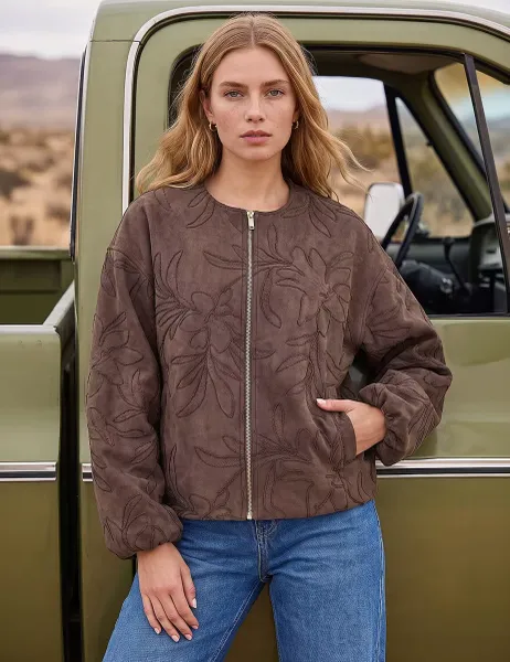 Roman Embroidered Cropped Bomber Jacket Brown Mix