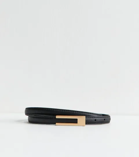 Black Faux Leather Rectangle Buckle Skinny Belt