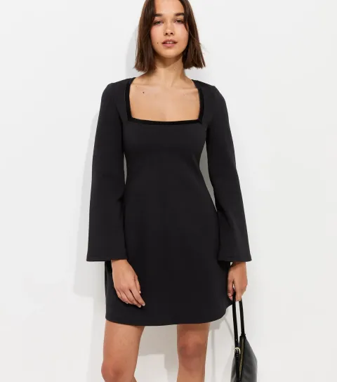 New Look Women's Black Cotton Rich Square Neck Velvet Trim Ponte Mini Dress