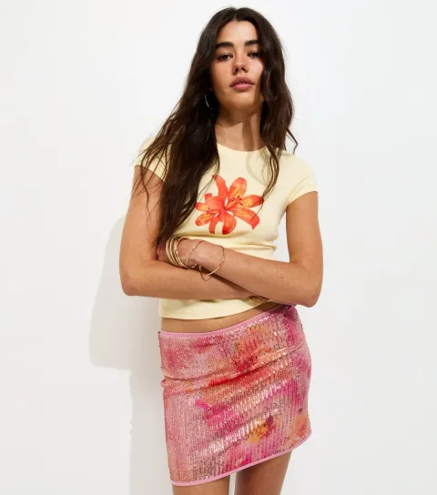 Women's Pink Sequin Printed Mini Skirt