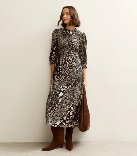 Women's Black Floral Patchwork Print Puff Sleeve Midi Dress