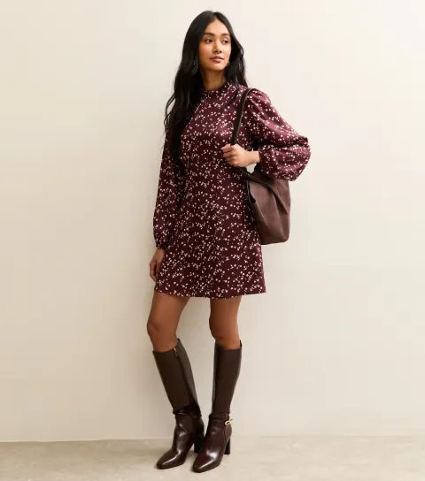 Women's Burgundy Ditsy Speckled Long Sleeve Satin Mini Dress