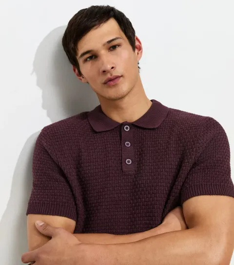 Men's Dark Purple Cotton Rich Basket Knit Buttoned Polo Shirt