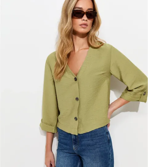 Women's Tall Dark Khaki Crinkle Texture Button Front Shirt
