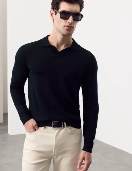 Autograph Pure Extra Fine Merino Wool Knitted Polo Shirt Dark Navy