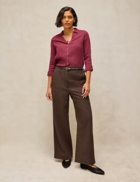 White Stuff Belle Tweed Wide Leg Trousers with Wool Brown Mix