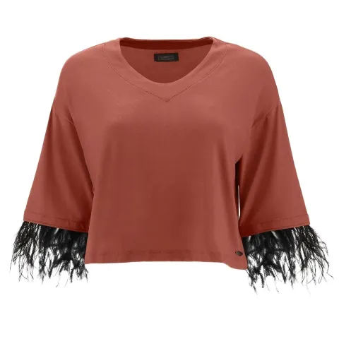 Freddy Cropped V Neck shirt with 3/4 sleeves and feather trim - Etruscan Red