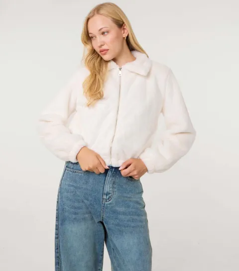 Pink Vanilla Women's Cream Fluffy Faux Fur Zip Up Jacket