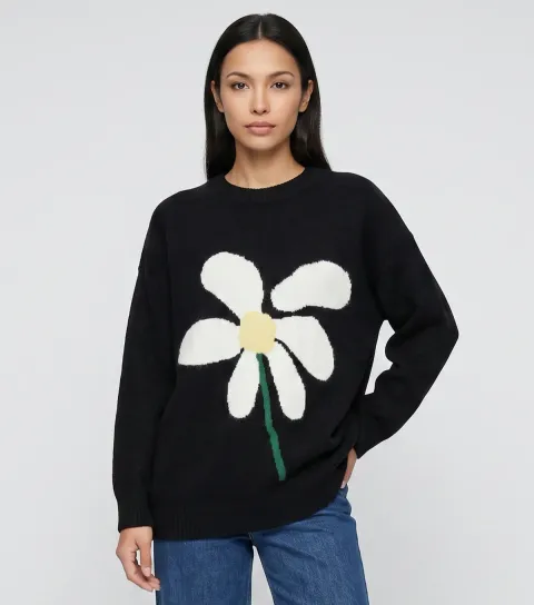 Gini London Women's Black Flower Oversized Jumper