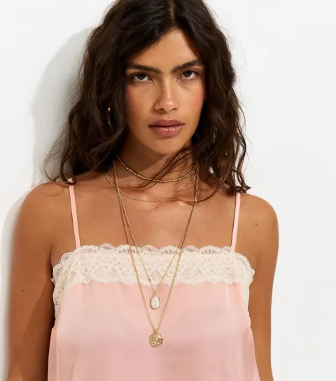 Women's Pink Satin Lace Trim Longline Cami Top