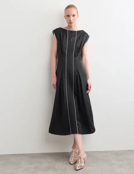 Jaeger Satin Midaxi Column Dress with Linen Black