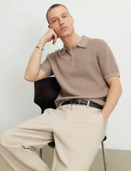 River Island Pure Cotton Textured Knitted Polo Shirt Stone
