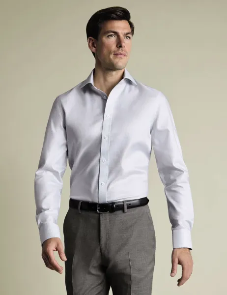 Charles Tyrwhitt Slim Fit Non Iron Pure Cotton Textured Shirt Silver Grey