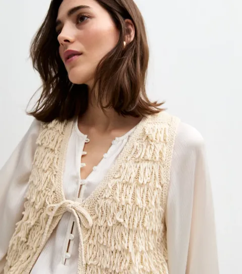 New Look Women's Cream Loopy Fringe Waistcoat