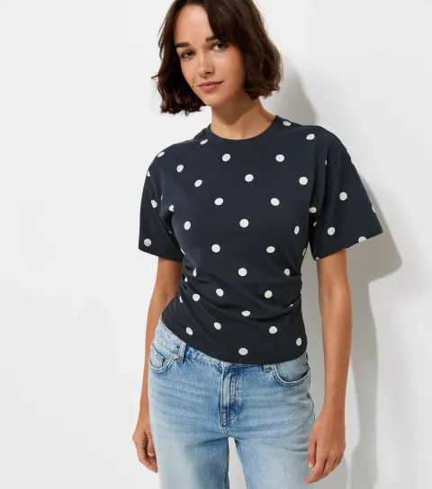 Women's Blue Polka Dot Fitted Waist Crew Neck T-Shirt