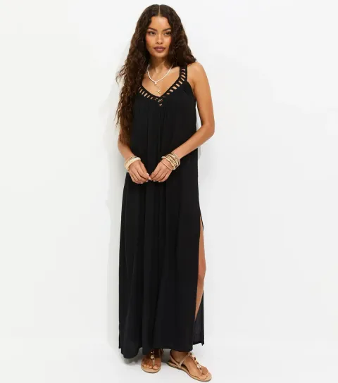 Women's Petite Black Crochet Trim V-Neck Beach Maxi Dress
