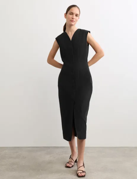 Jaeger Cotton Blend V-Neck Midaxi Column Dress Black