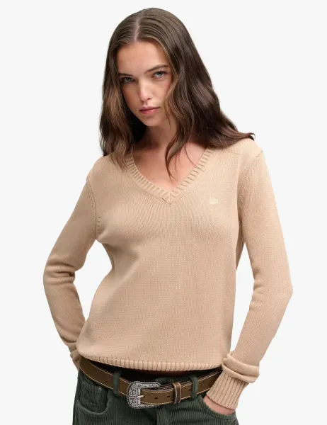 Superdry & Co Washed Pure Cotton Jersey V-Neck Slim Jumper Beige