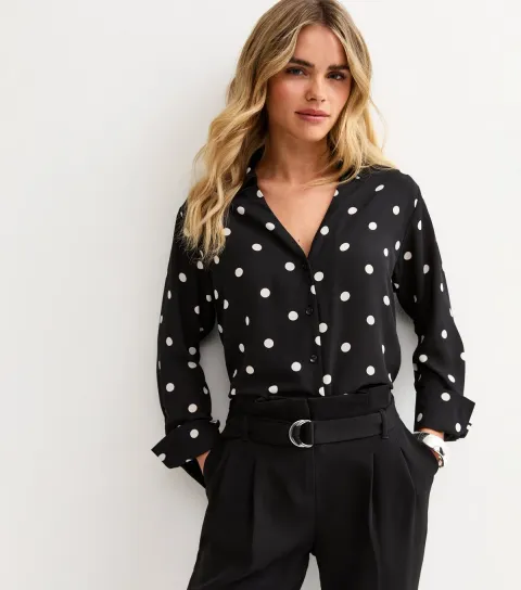 Women's Petite Black Polka Dot Open Neck Shirt