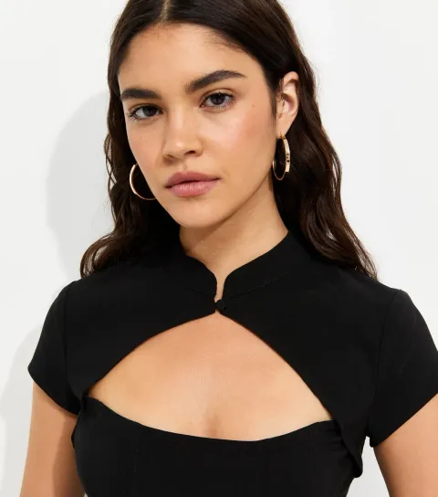 Women's Black Front Keyhole Mandarin Collar Top