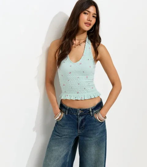 Women's Blue Cotton Rich Flower Pattern Shirred Halter Neck Top