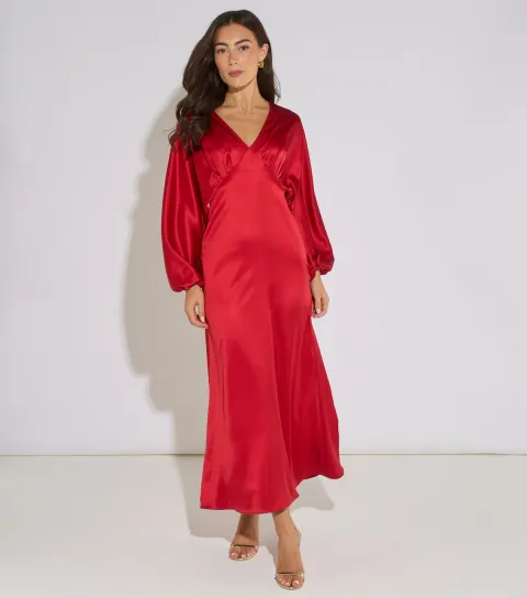 Gini London Women's Dark Red Satin Batwing Midaxi Dress