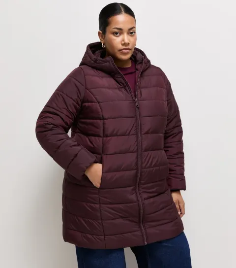 Women's Plus Size Dark Burgundy Hooded Mid Length Padded Jacket Curves
