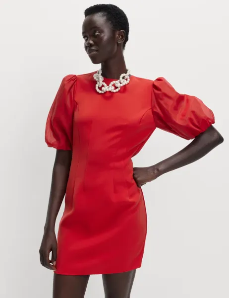 Marks & Spencer Organza Puff Sleeve Mini Shift Dress Red