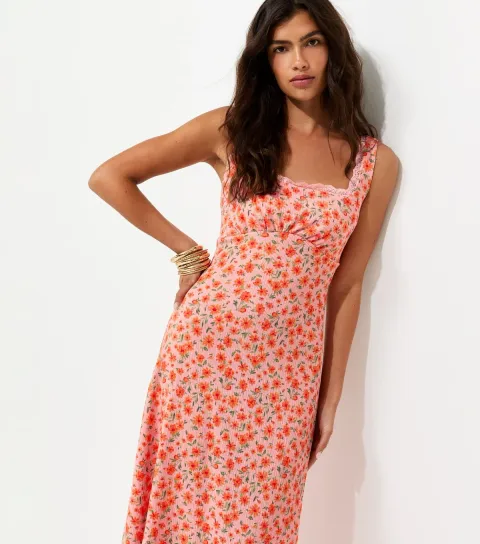 Women's Pink Floral Square Neck Lace Trim Midi Dress