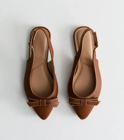 Women's Wide Fit Tan Faux Leather Bow Front Slingback Flats