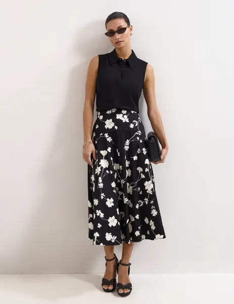 Phase Eight Mavis Cotton Rich Floral Midi A-Line Skirt Black Mix
