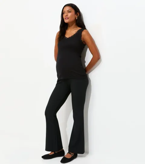 Women's Maternity Black Rib Flared Trousers