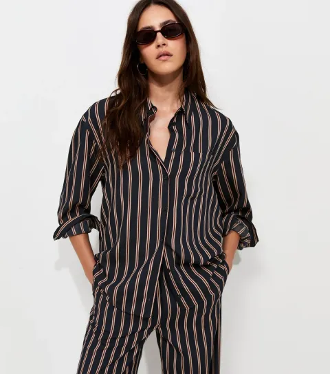 Women's Blue Woven Striped Oversize Shirt
