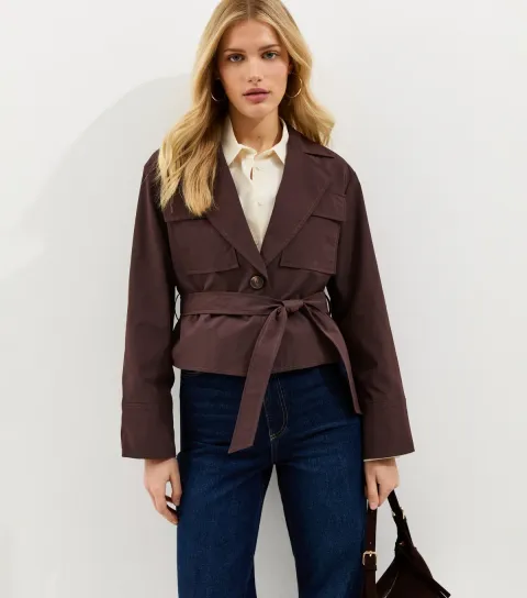 Women's Brown Double Pocket Belted Short Belted Mac