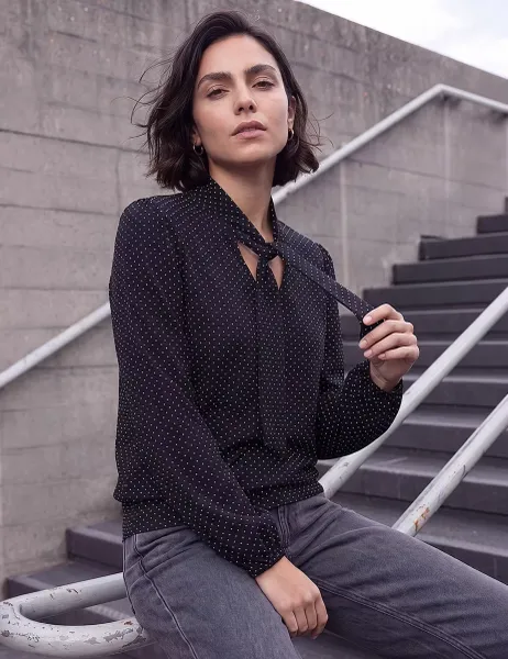 Roman Polka Dot Tie Neck Top Black