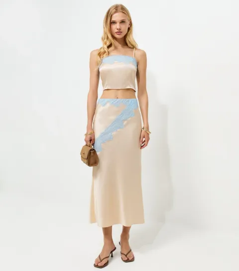 Women's Mink Satin Contrast Waist Lace Midi Skirt
