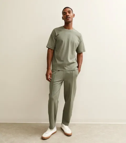Men's Khaki Relaxed Straight Leg Pintuck Joggers