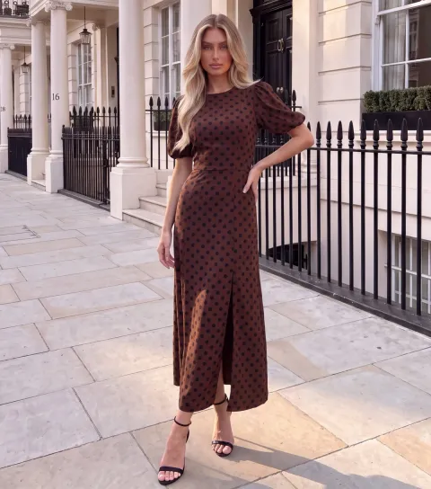 AX Paris Women's Dark Brown Polka Dot Puff Sleeve Midi Dress